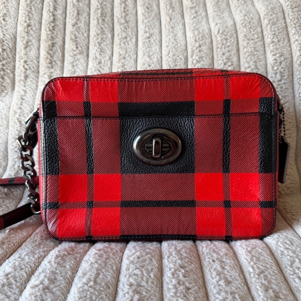 Coach Buffalo Plaid Red Black Leather Crossbody Camera Bag Gunmetal Hardware